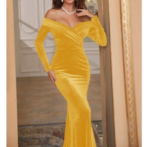 Luxe yellow off shoulder party bridesmaids wedding velvet maxi dress - Picture 13 of 16